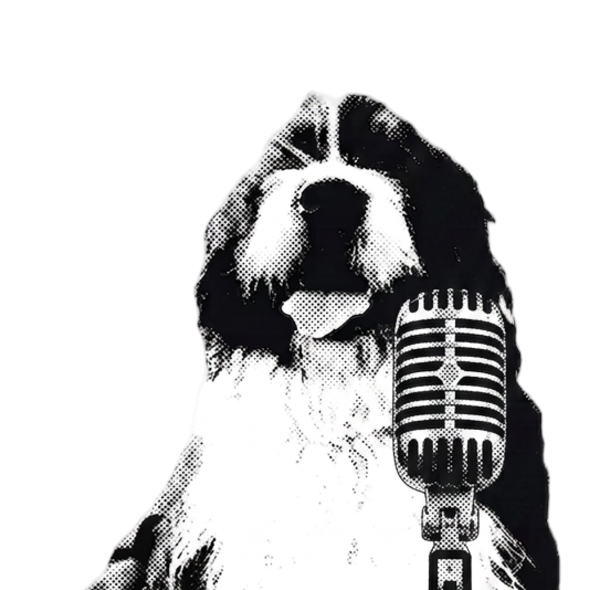 Black-and-white dog illustration.